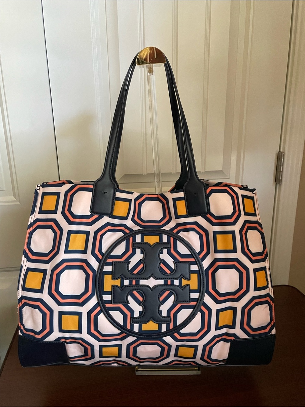 Tory Burch Ella Octagon Print Nylon Tote in navy and orange with COA